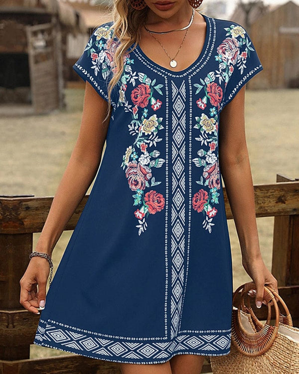 Alaiza - Printed Casual Dress with Short Sleeves