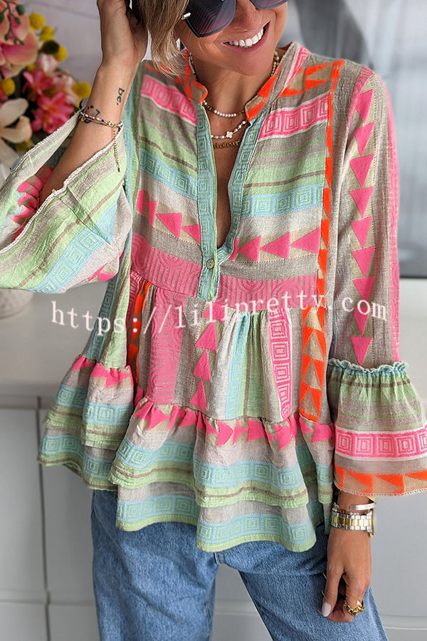 Bella | Colorful Ethnic Print Bell Sleeve Babydoll Blouse