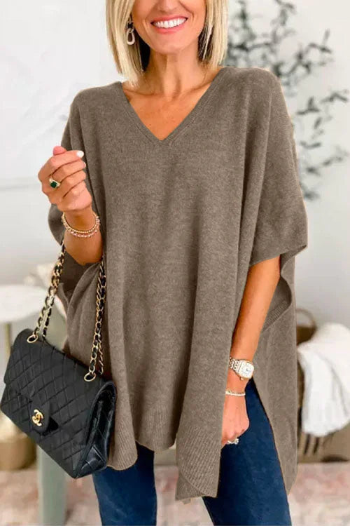 Gracie| Chicest V Neck Loose Fit Solid Poncho Sweater