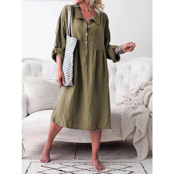 Callie| Women's Midi Dress Solid Color Basic Lapel Button Down Long Sleeve Loose