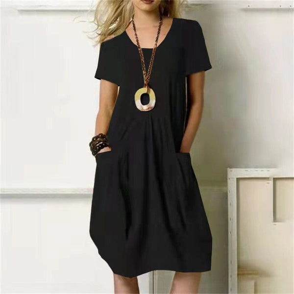 Helena - Solid Dress with Loose Round Neckline and Short Sleeves