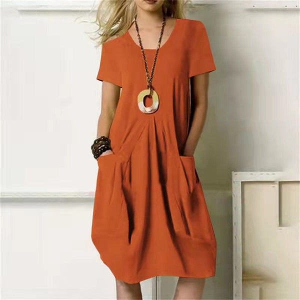 Helena - Solid Dress with Loose Round Neckline and Short Sleeves
