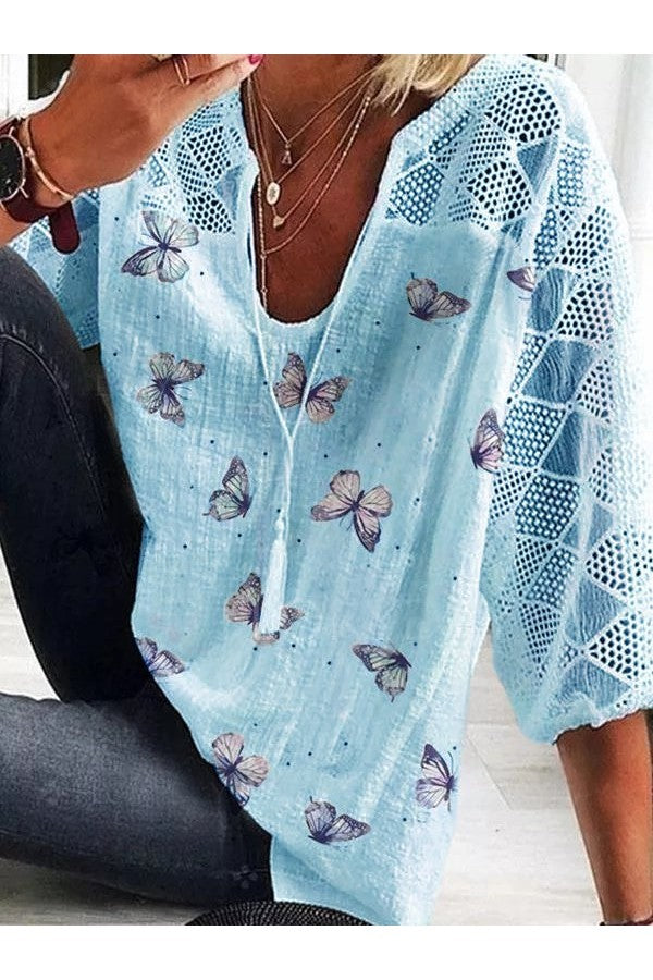 Mary| Long Sleeve V-neck Butterfly Printed Blouse with Tassel