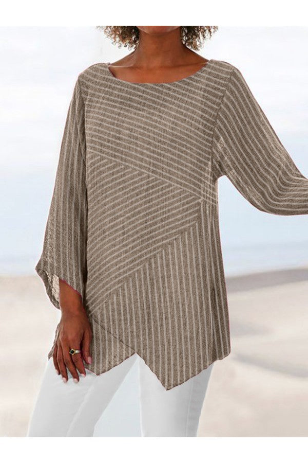 Joanne|Casual Long Sleeve Crew Neck Stripe Printed Blouse & Shirts