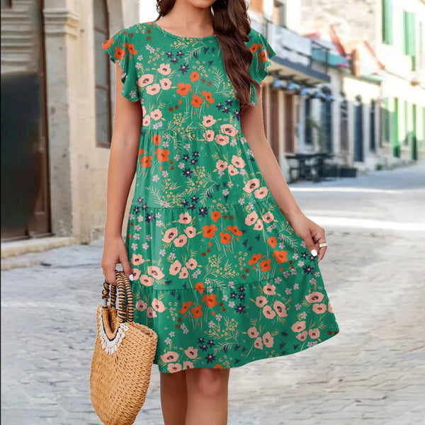 Constance|Women's Floral Dress Floral Print Crew-Neck Flying Sleeves Casual Dress
